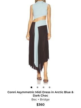 Bec + Bridge Conni asymmetric midi dress in Arctic Blue & Dark Chocolate SIZE 2